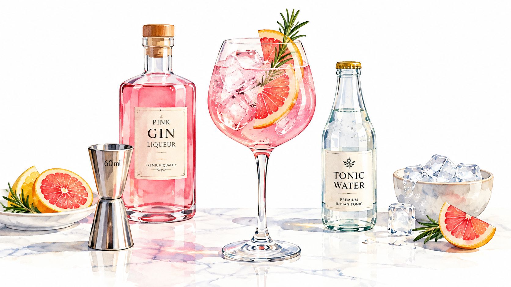 A watercolor illustration of pink gin liqueur, tonic water, and a garnished cocktail glass on marble.