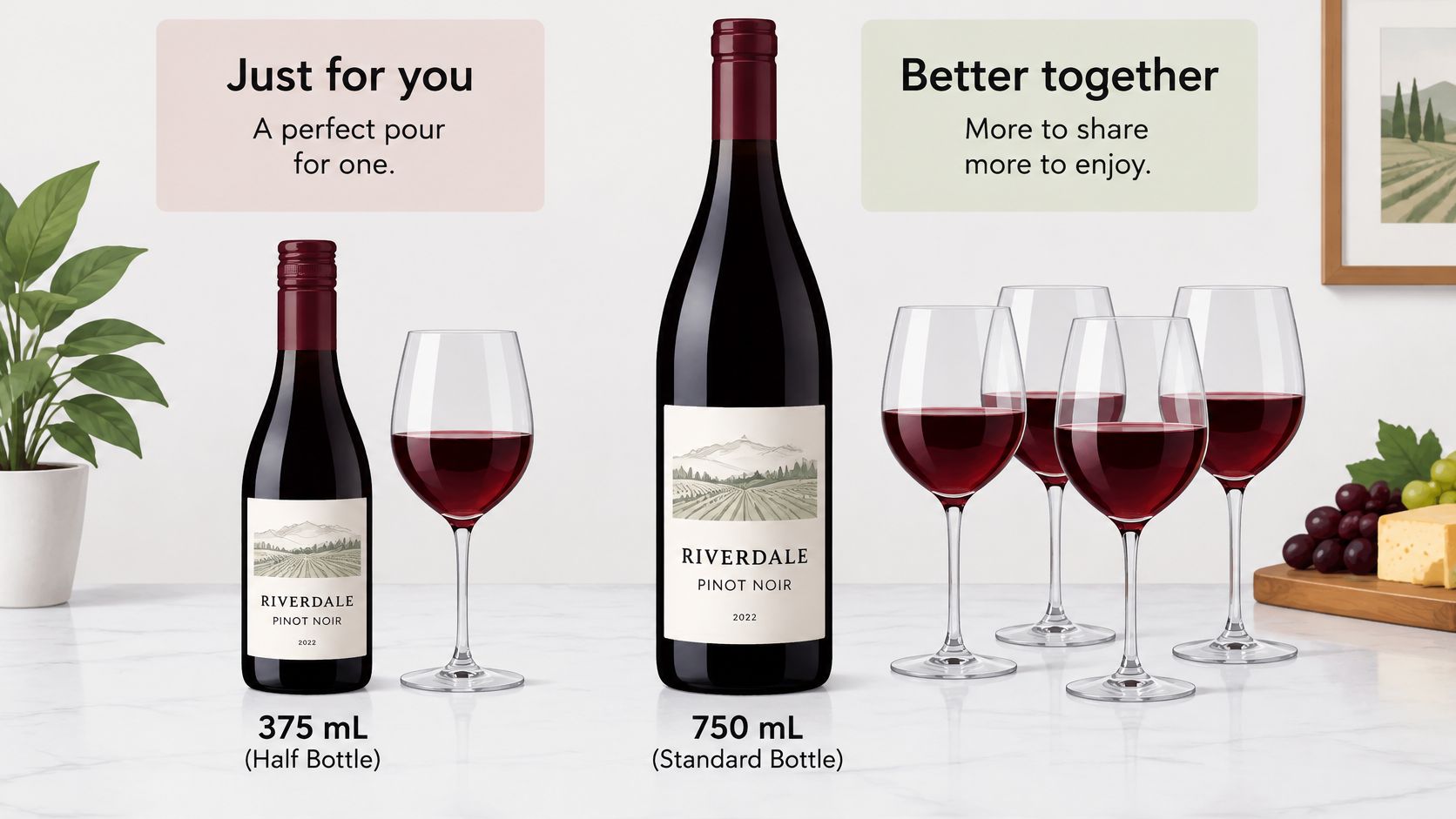 A product comparison image showing a 375ml half bottle and a 750ml standard bottle of Riverdale Pinot Noir.