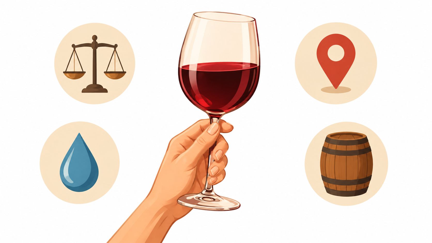 A hand holding a glass of red wine surrounded by icons of scales, location, water, and barrel.