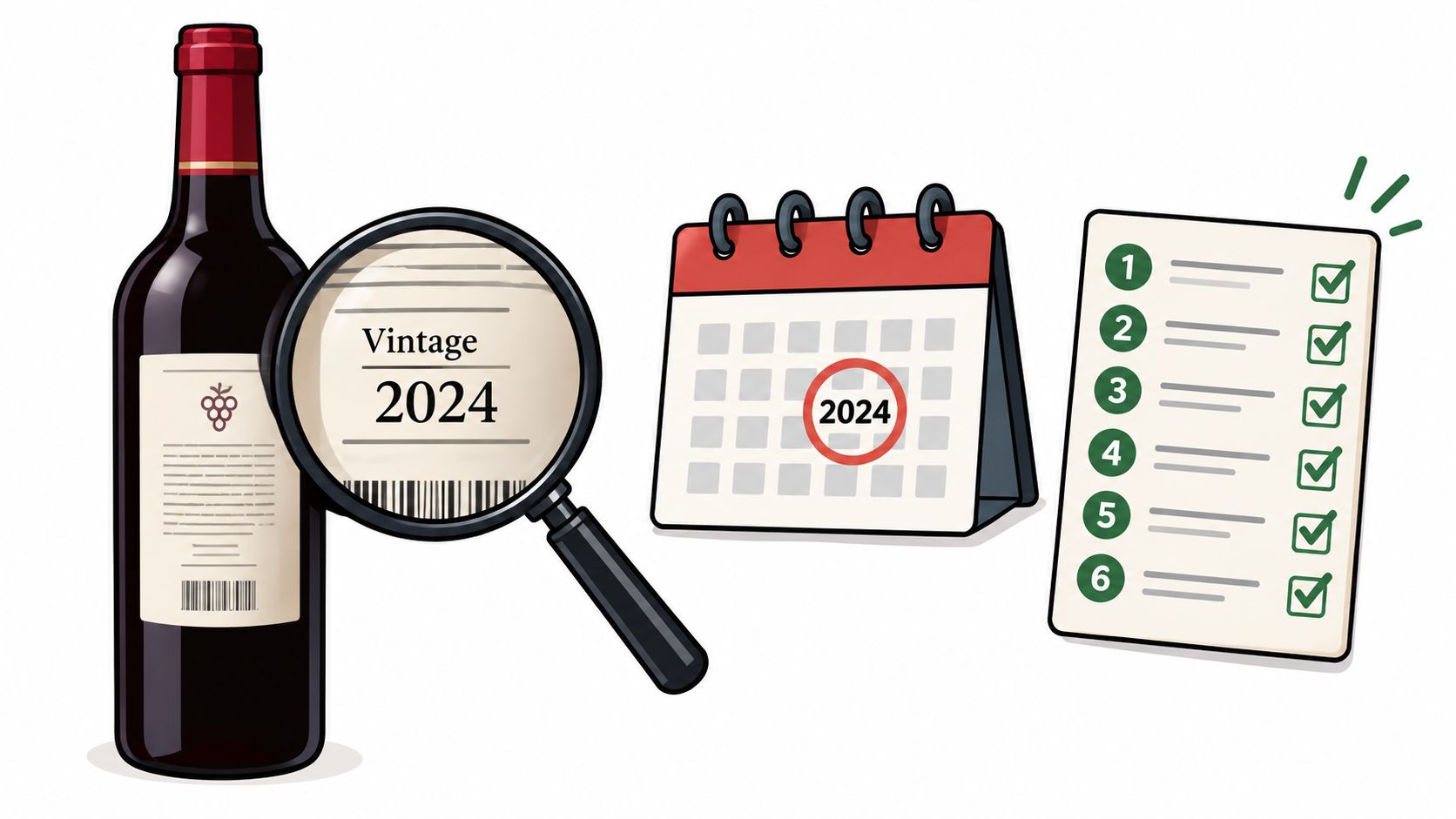 A wine bottle with a 2024 vintage label, a calendar, and a checklist with six completed items.
