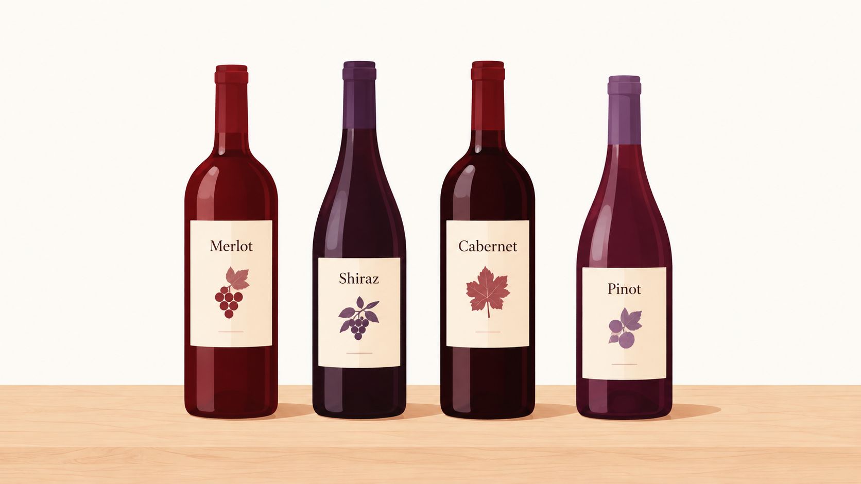 Four different bottles of red wine labeled Merlot, Shiraz, Cabernet, and Pinot standing on a wooden surface.