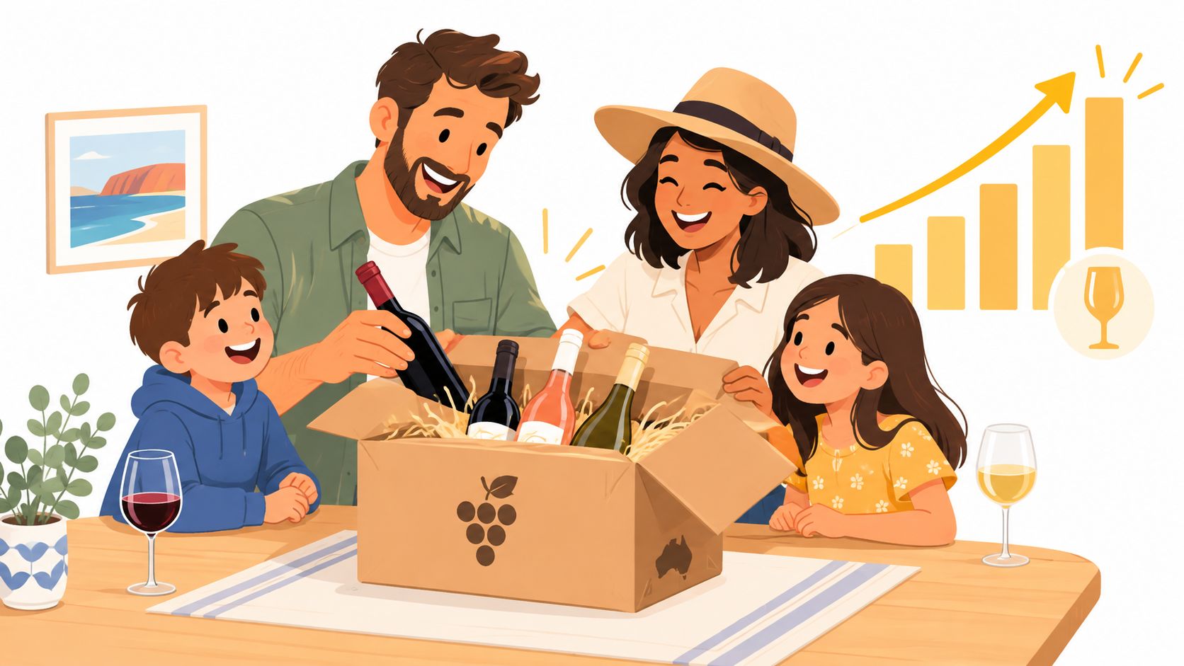 A happy family unpacking a wine subscription box on a table with a growth chart graphic behind them.