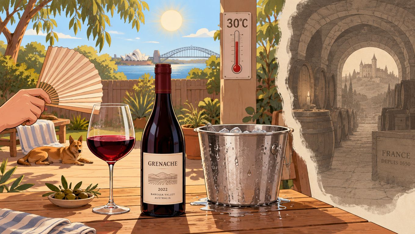 A glass and bottle of Australian Grenache wine on a patio overlooking the Sydney Opera House.