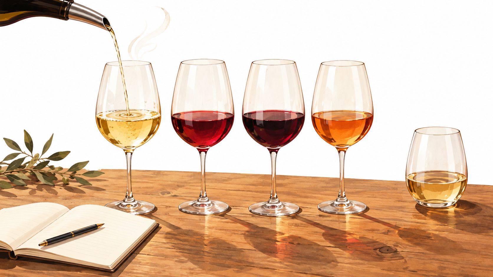 A row of various wine glasses on a rustic wooden table next to a notebook and pen.