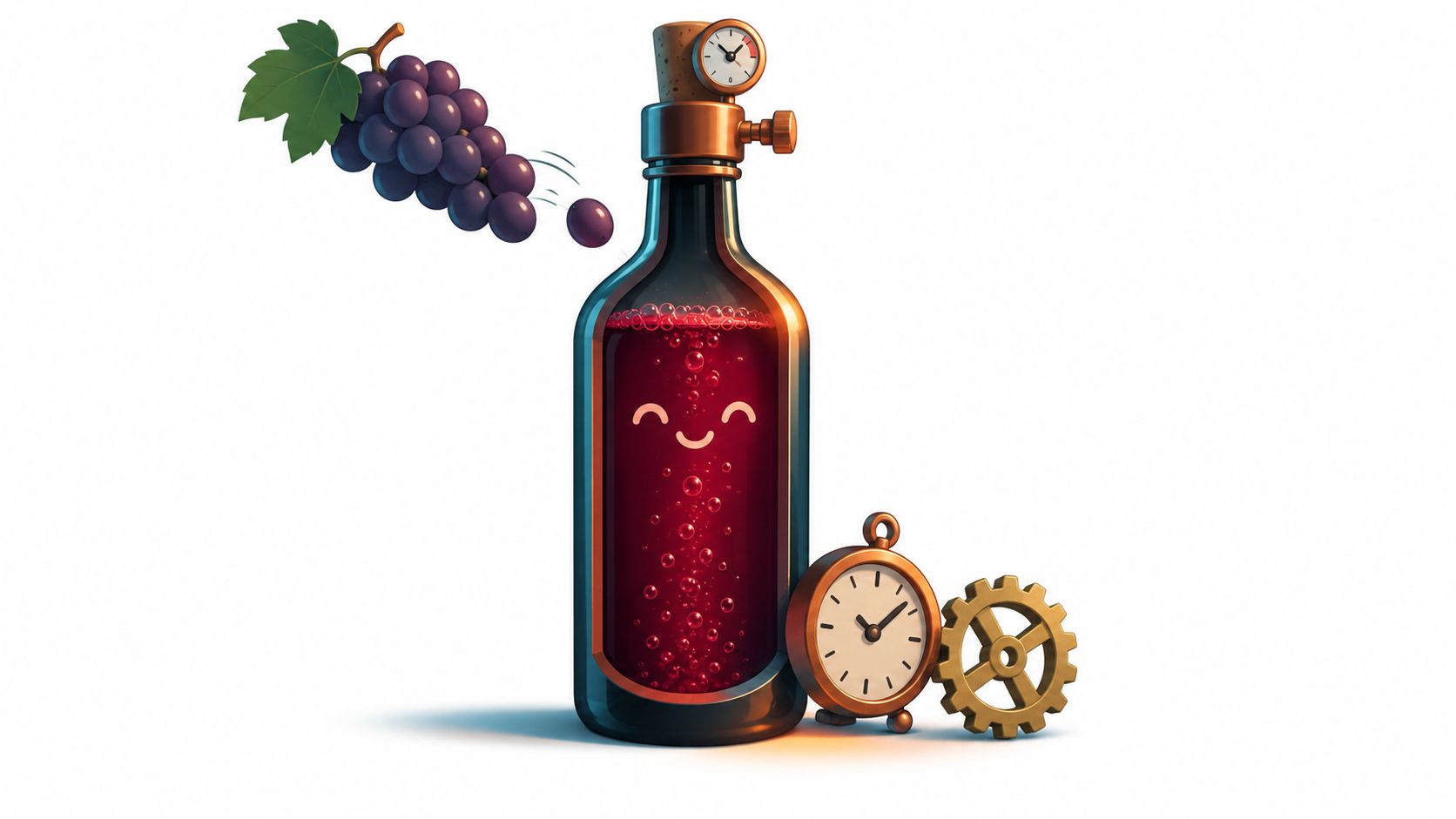 A whimsical bottle of sparkling red wine with a smiling face, grapes, and a clock mechanism.