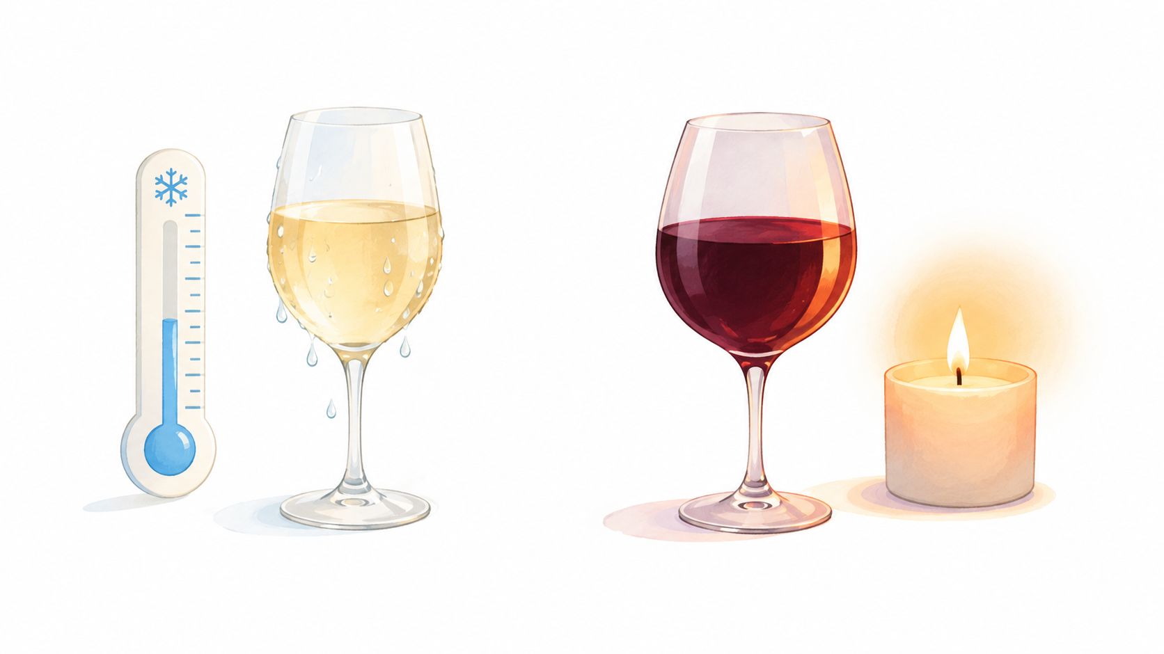 An illustration comparing white wine served chilled next to a thermometer and red wine next to a candle.
