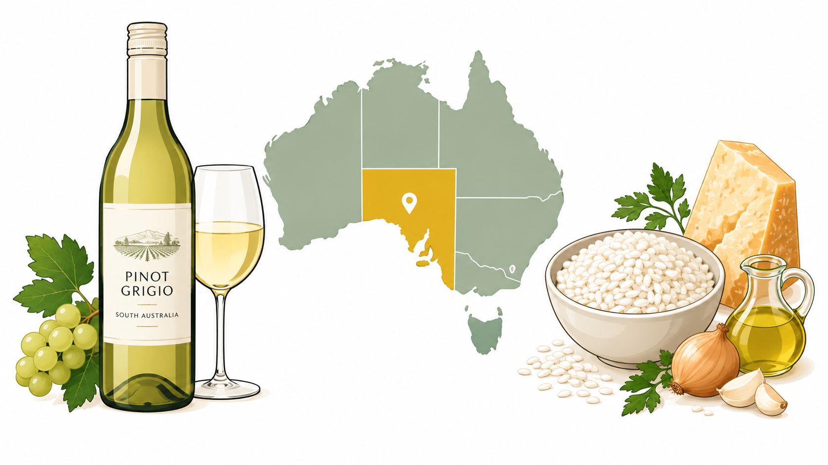 A bottle of Pinot Grigio wine and ingredients for risotto arranged beside an Australian map illustration.