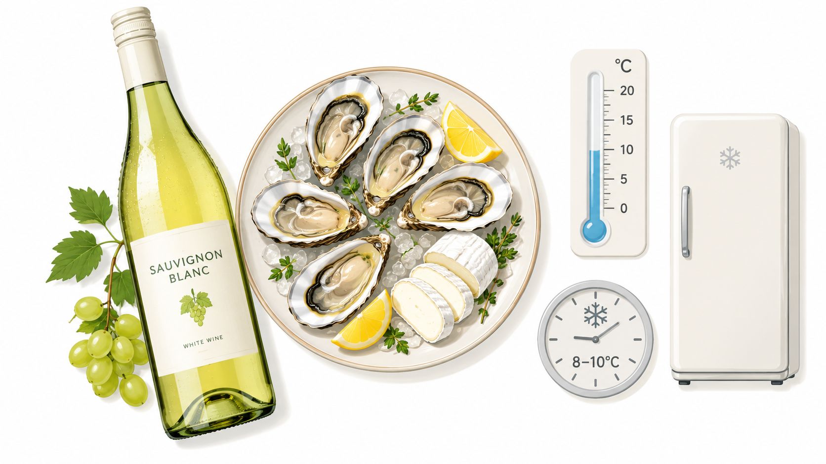 A chilled bottle of Sauvignon Blanc wine accompanied by fresh oysters, cheese, grapes, and temperature guidelines.