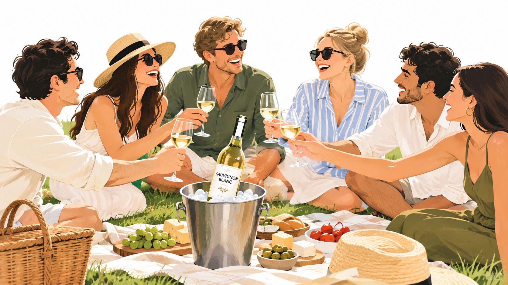 A diverse group of friends laughing while enjoying white wine at a sunny outdoor picnic.