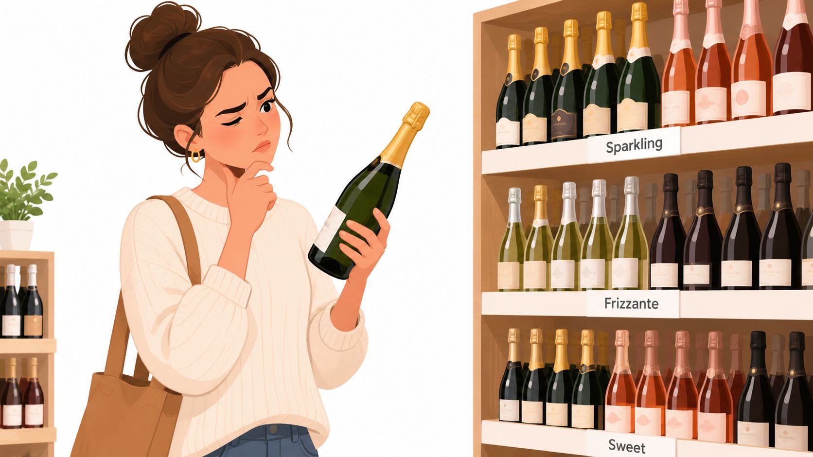 A young woman with a bun hairstyle thoughtfully examining a bottle of sparkling wine in a shop.
