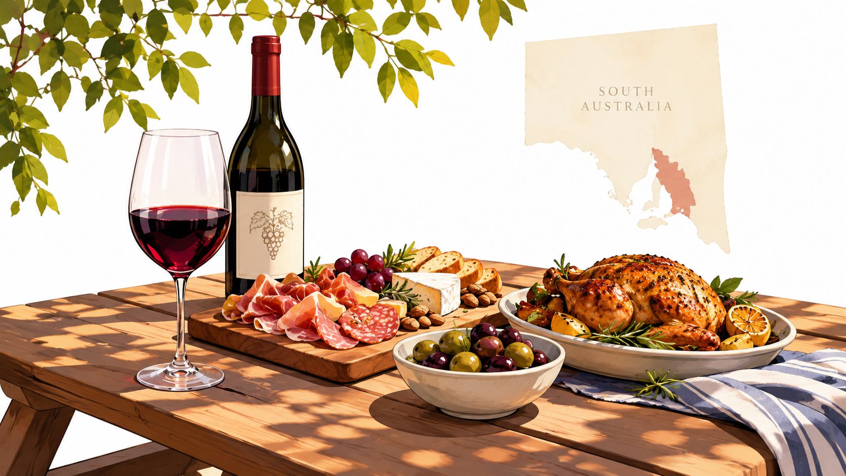 A rustic picnic table set with a glass of red wine, charcuterie board, and a roasted chicken.
