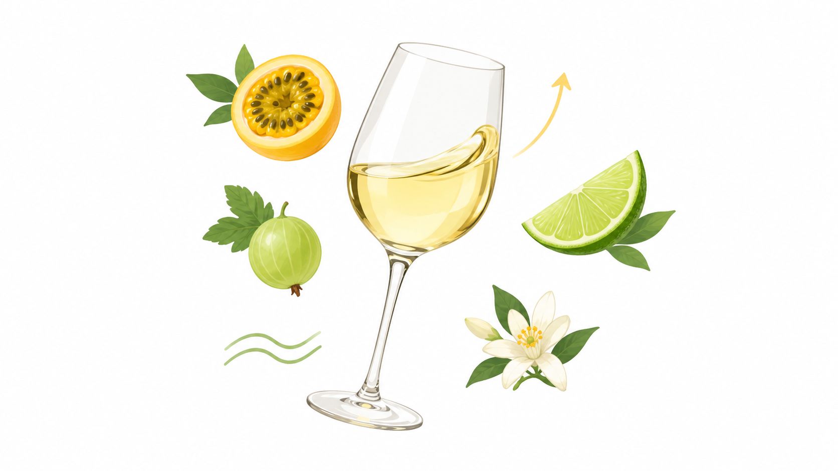 A wine glass filled with white wine surrounded by passion fruit, gooseberry, lime, and white flower blossoms.