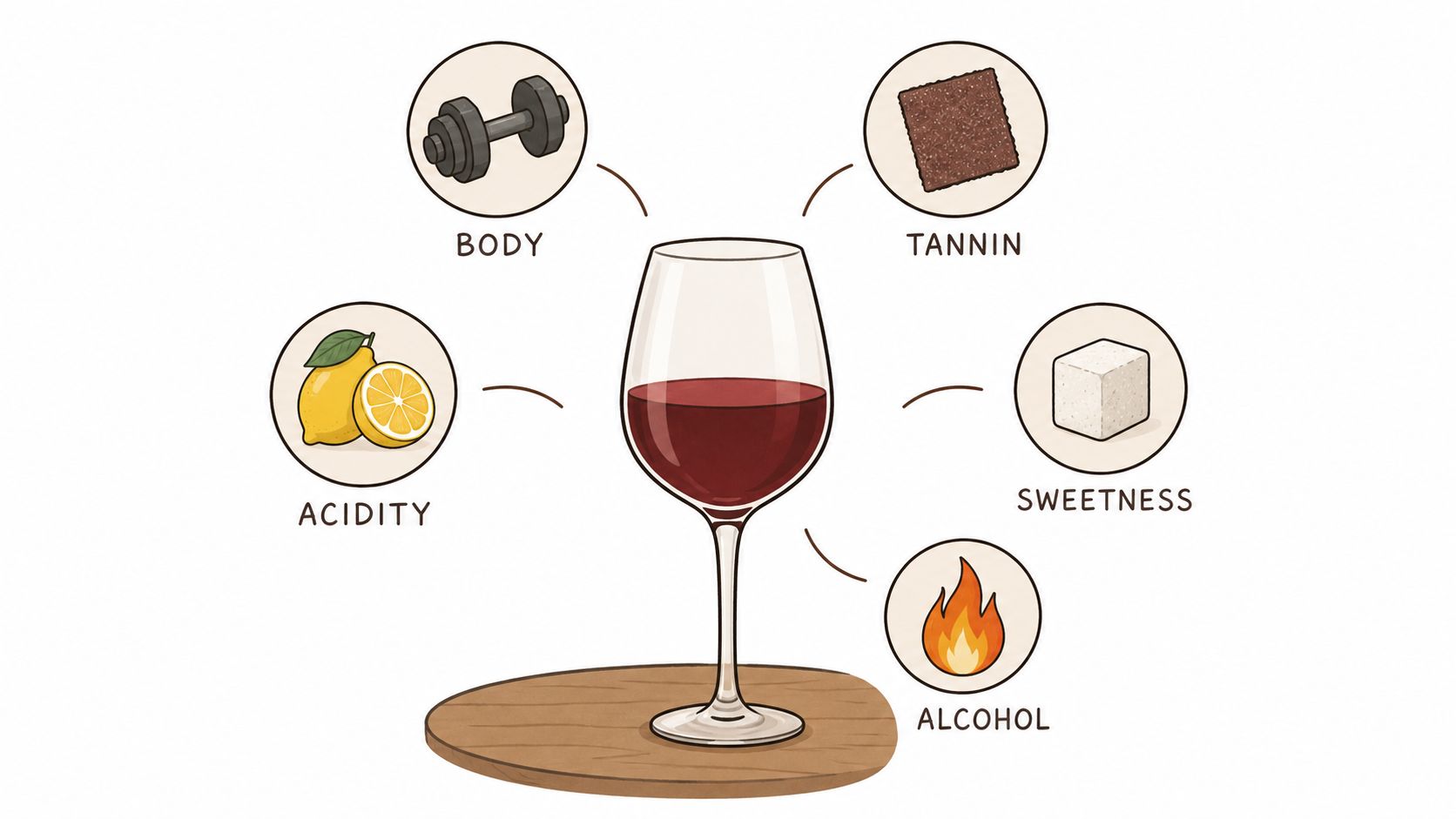 A diagram illustrating five key components of wine tasting: body, tannin, sweetness, alcohol, and acidity, using symbolic icons.