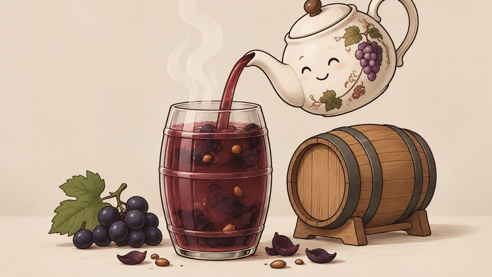 A cute cartoon teapot pouring steaming red wine into a wine-barrel-shaped glass next to fresh grapes.