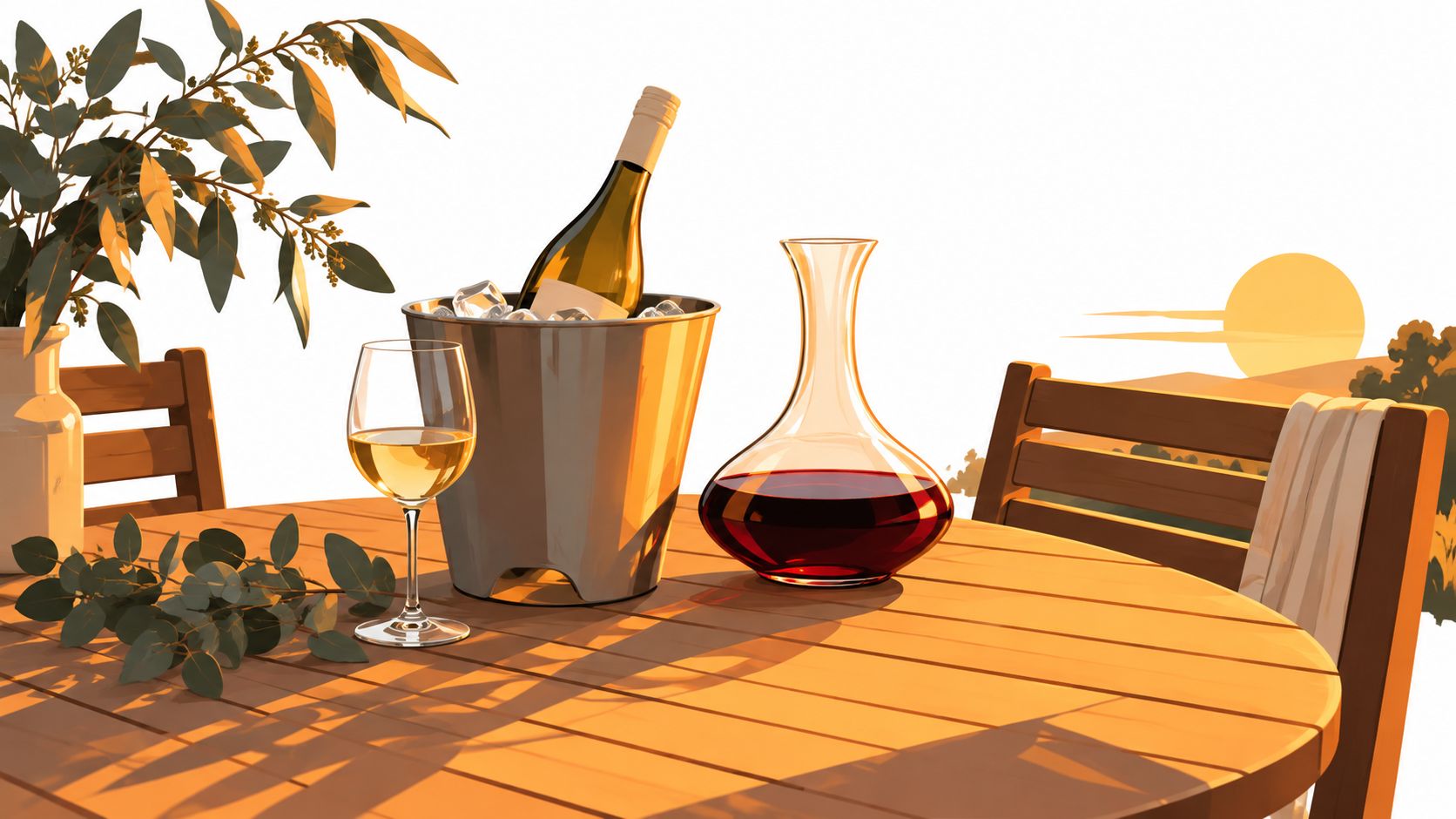 A wooden table set for evening drinks featuring a bottle of white wine, a glass, and a red wine decanter.
