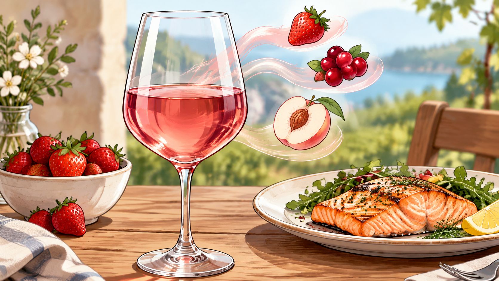 A glass of rose wine next to a bowl of fresh strawberries and grilled salmon with fruit aromas.