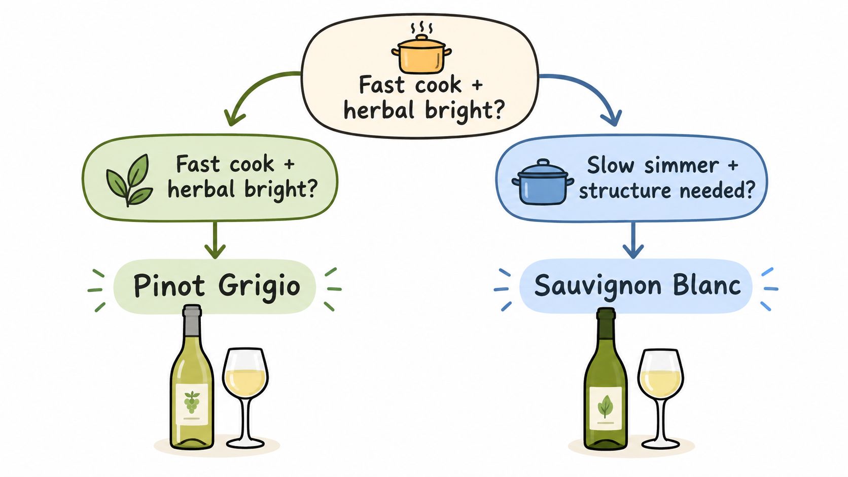 A decision tree diagram showing which wine to choose for cooking between Pinot Grigio and Sauvignon Blanc.