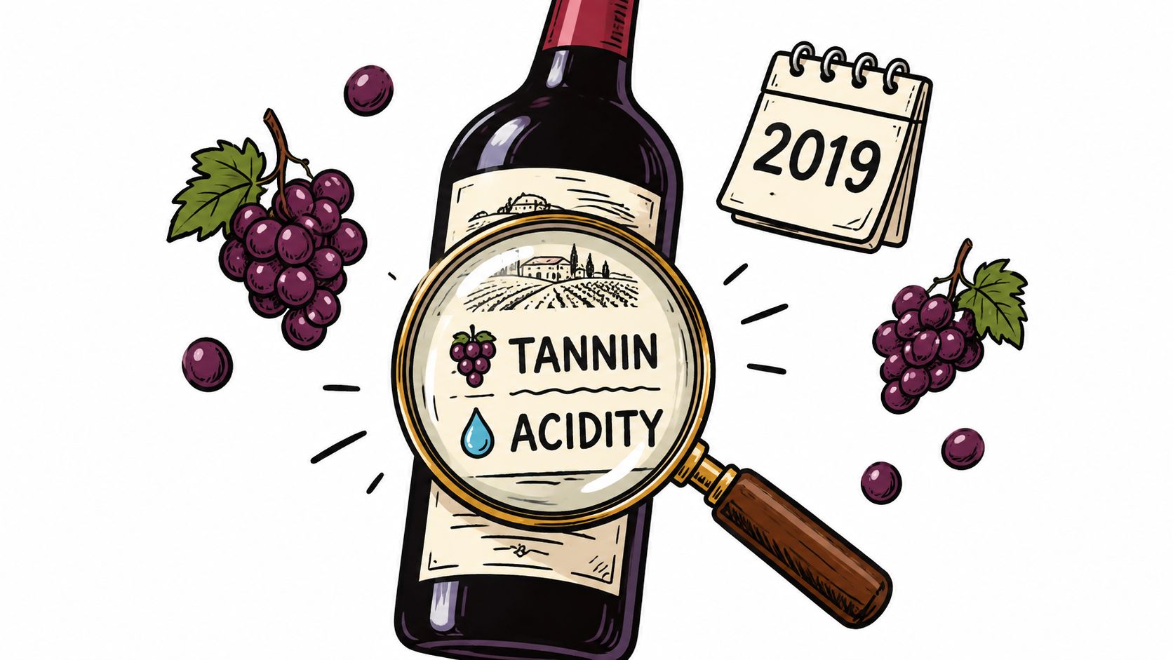 A magnifying glass focusing on tannin and acidity details on a 2019 wine bottle label.