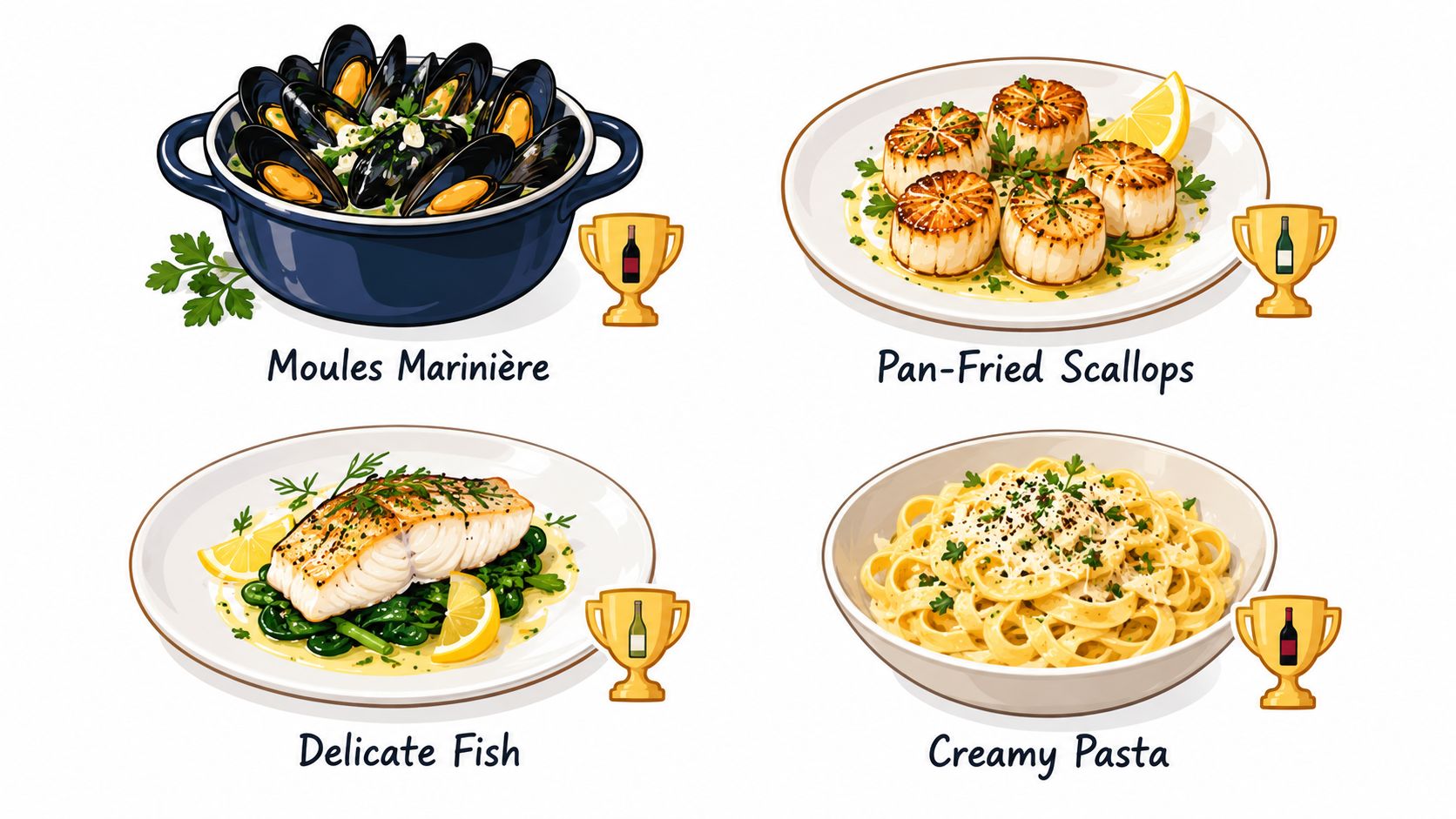 A four-part illustration showcasing gourmet dishes paired with recommended wine selections for elegant dining experiences.