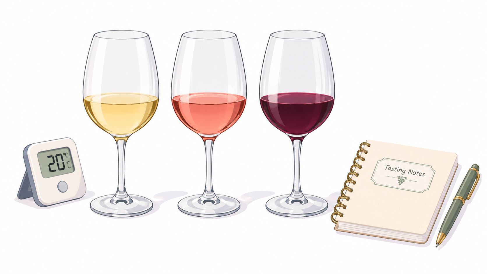Three wine glasses featuring white, rose, and red wine with a digital thermometer and notebook.
