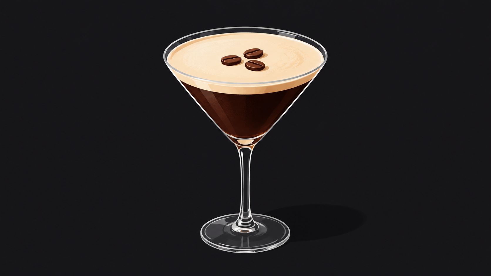 An espresso martini cocktail served in a martini glass topped with three roasted coffee beans.
