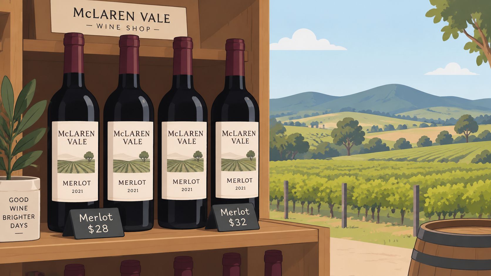 Four bottles of McLaren Vale Merlot wine displayed on a wooden shelf in a sunny vineyard shop.