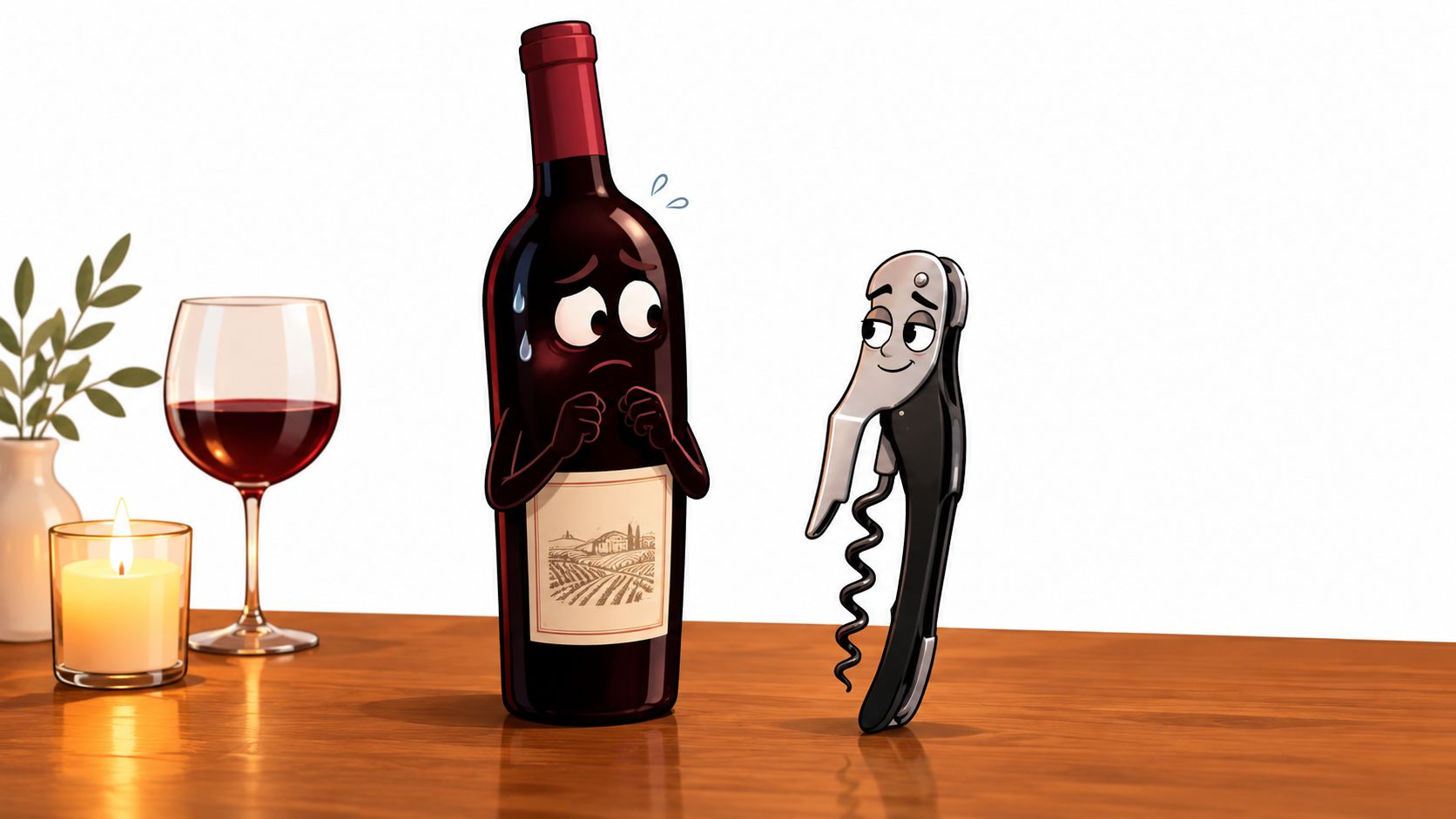 A worried anthropomorphic wine bottle looking at a smiling corkscrew on a wooden table next to a glass.