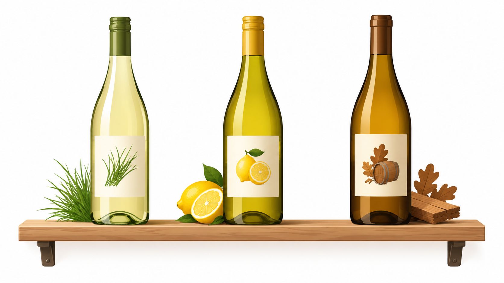 Three wine bottles on a shelf featuring grass, lemon, and oak barrel symbols representing Sauvignon Blanc notes.