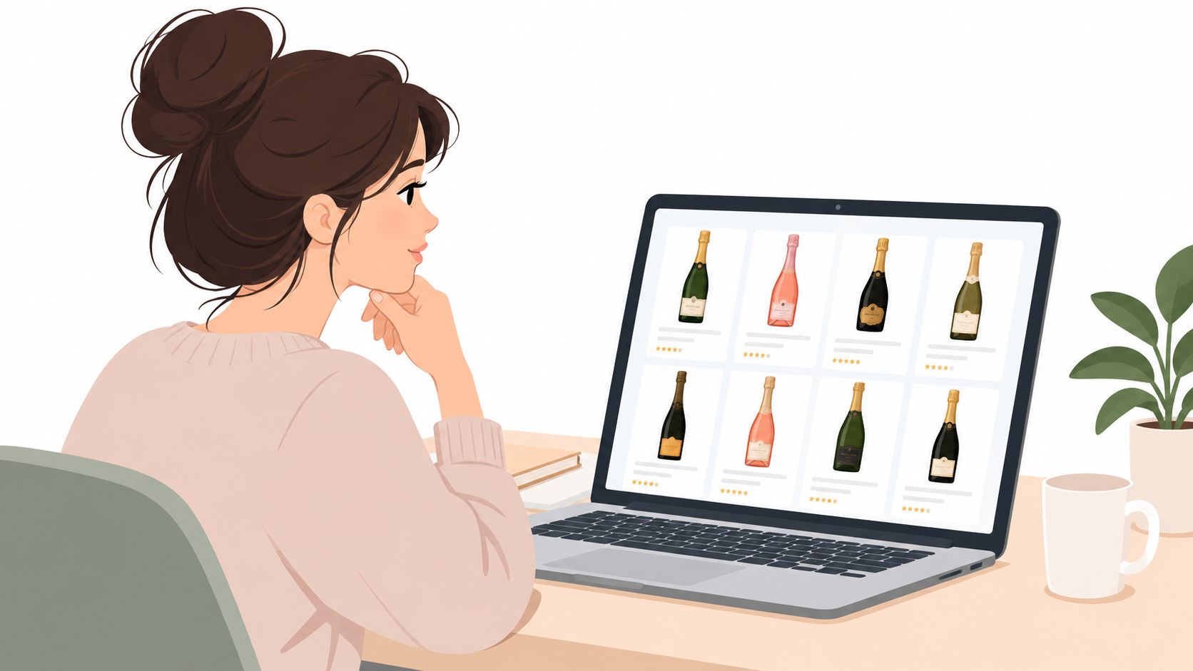 A woman shopping for various bottles of sparkling wine on a laptop computer screen while working at home.