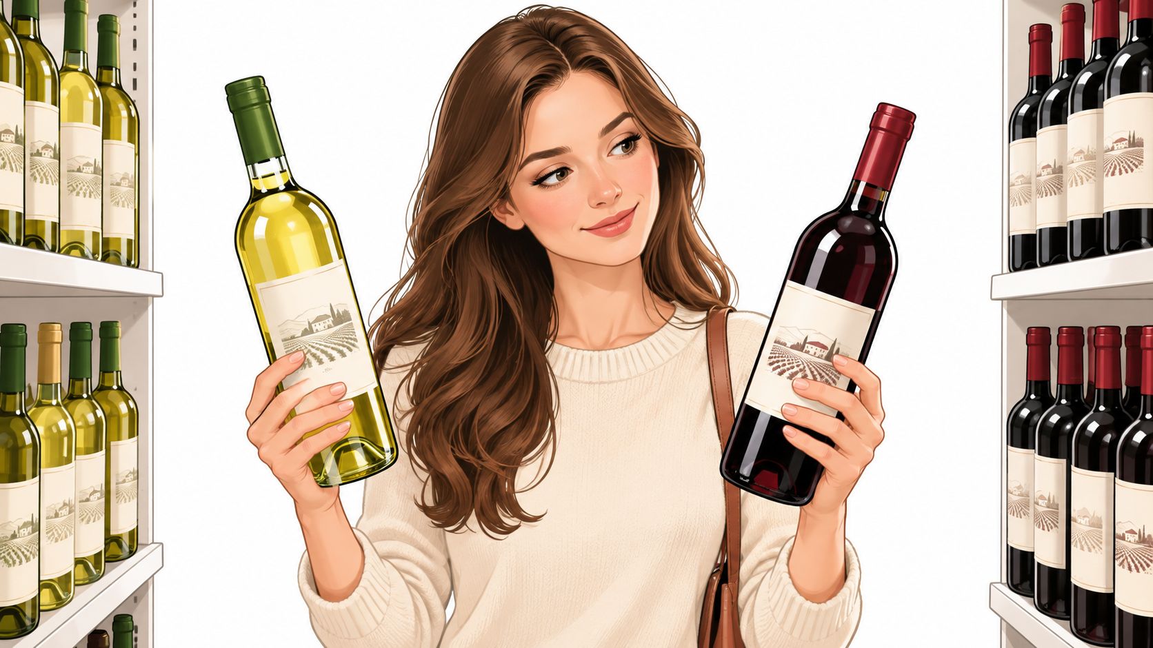 A woman shopping in a store comparing a bottle of white wine with a bottle of red wine.