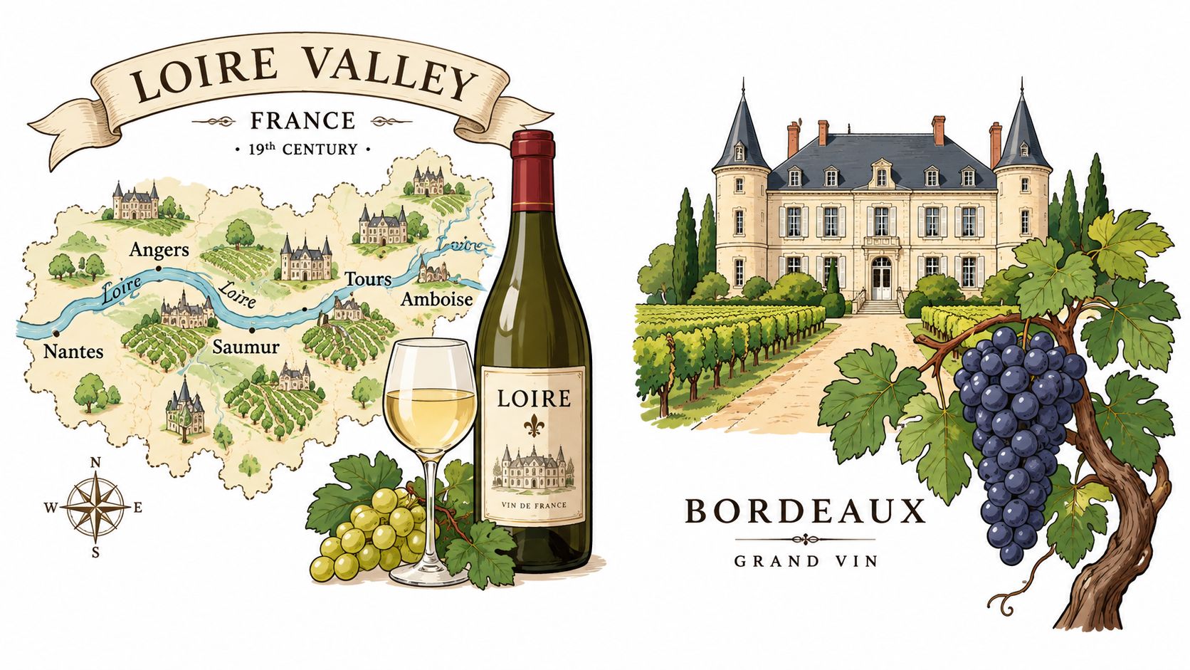 An illustrated map of France's Loire Valley wine region featuring vineyards, wine bottles, and a Bordeaux estate.