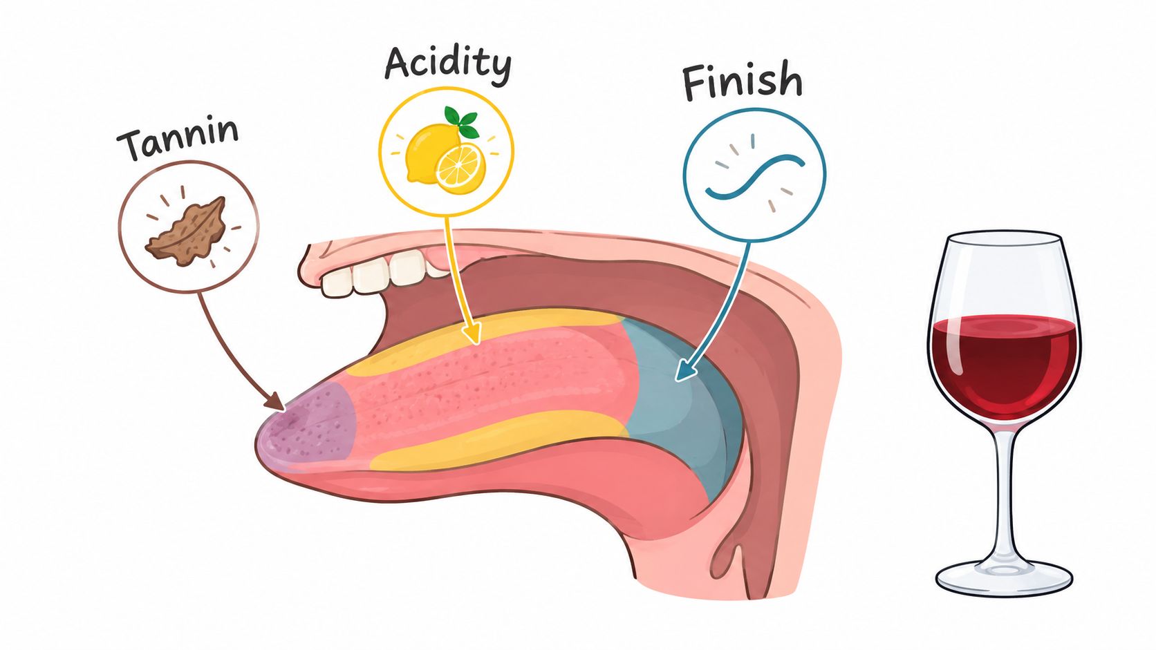 A diagram illustrating how wine sensory profiles like tannin, acidity, and finish are perceived on the tongue.