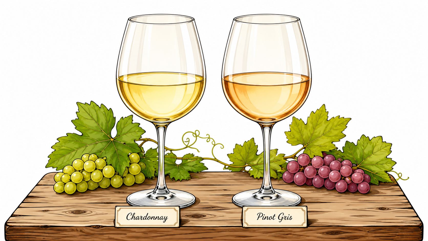 A wooden board featuring two wine glasses filled with white wine, labeled Chardonnay and Pinot Gris.