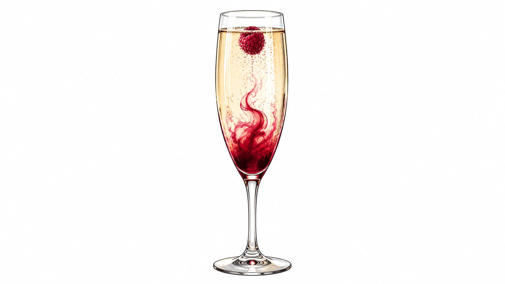 A glass of sparkling champagne containing a single fresh raspberry with swirling red liqueur dissolving inside.