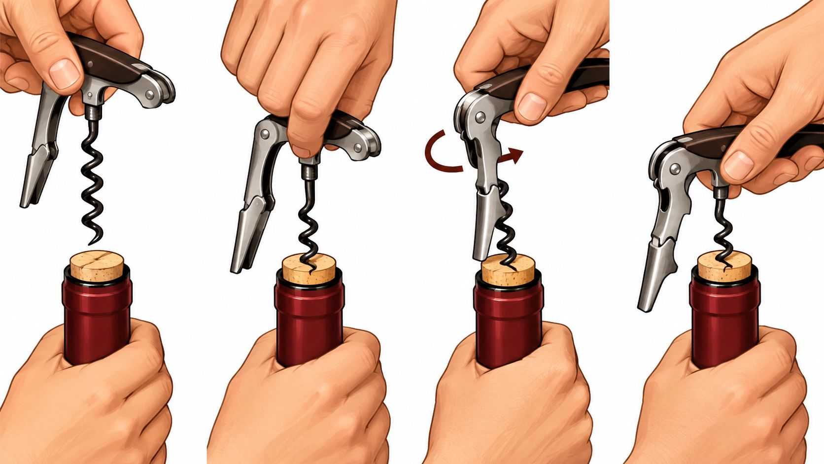 A four-step illustration showing how to properly use a waiter's corkscrew to open a wine bottle.