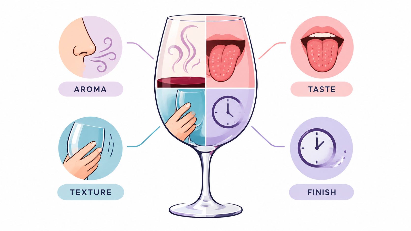 An infographic illustrating four key steps to wine tasting including aroma, taste, texture, and finish.