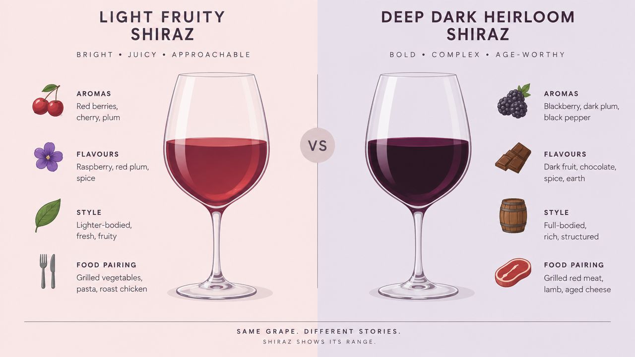 An infographic comparing the characteristics, flavors, and food pairings of light fruity shiraz and deep dark heirloom shiraz.