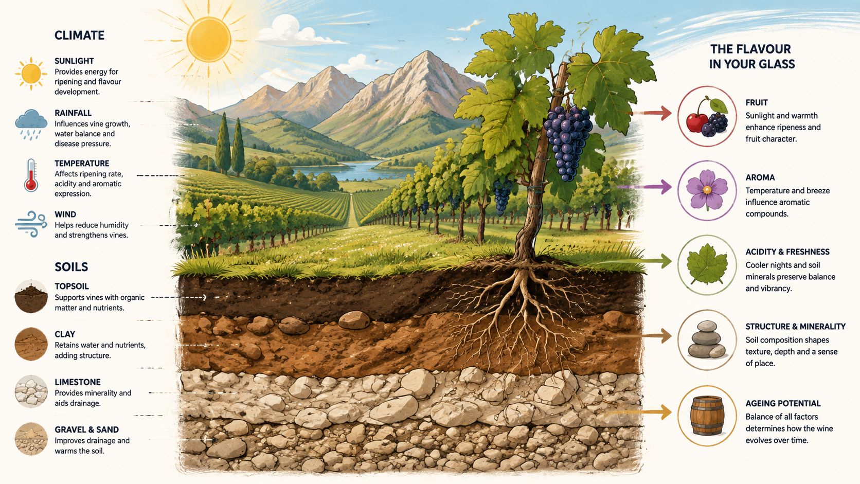A detailed illustration explaining how climate and soil factors influence the flavour of Cabernet Sauvignon wine grapes.