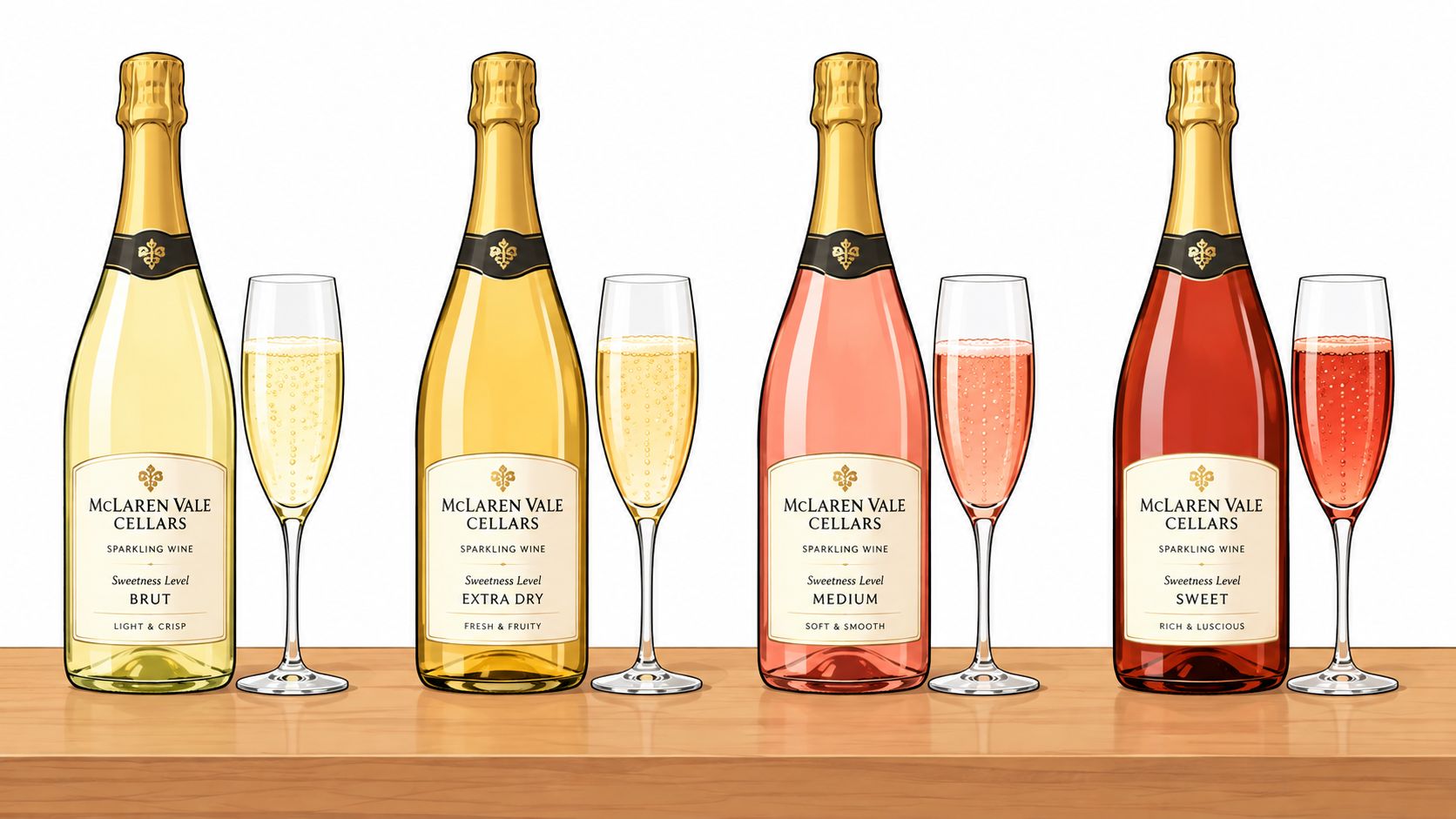 Four different bottles of McLaren Vale Cellars sparkling wine lined up next to their corresponding filled glasses.