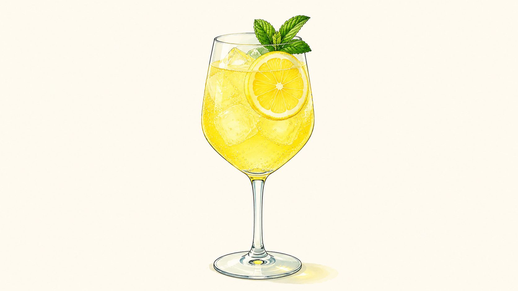 A refreshing yellow sparkling cocktail in a stemmed glass garnished with a lemon slice and mint leaves.