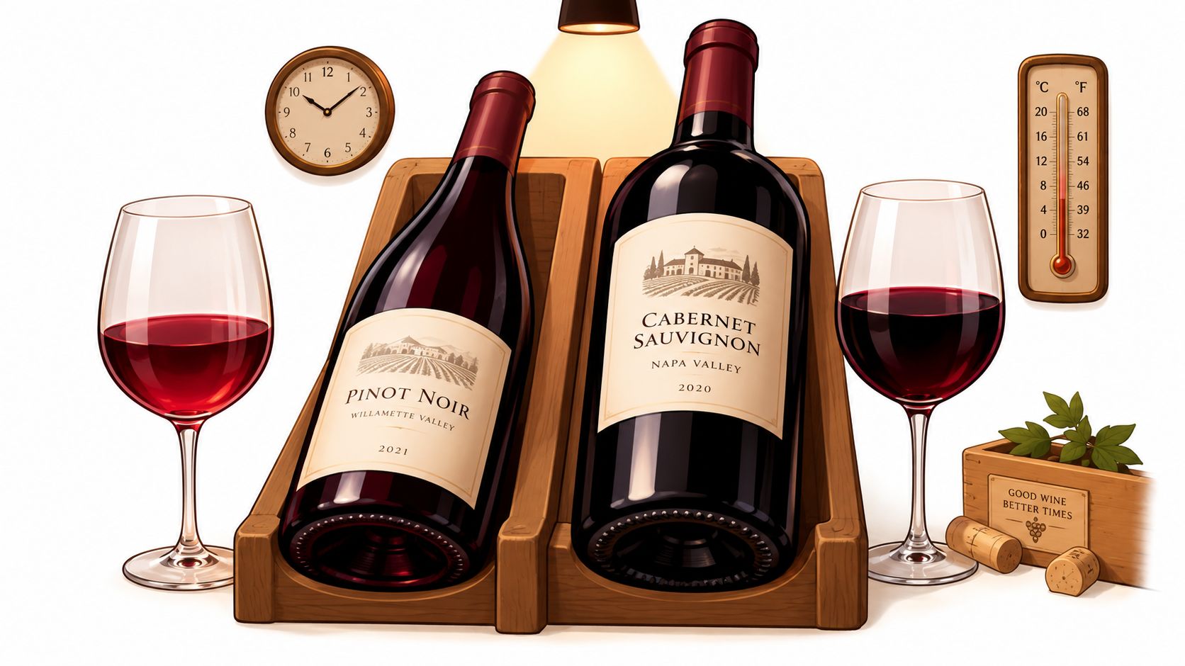 A display featuring bottles of Pinot Noir and Cabernet Sauvignon wine alongside glasses, a clock, and thermometer.