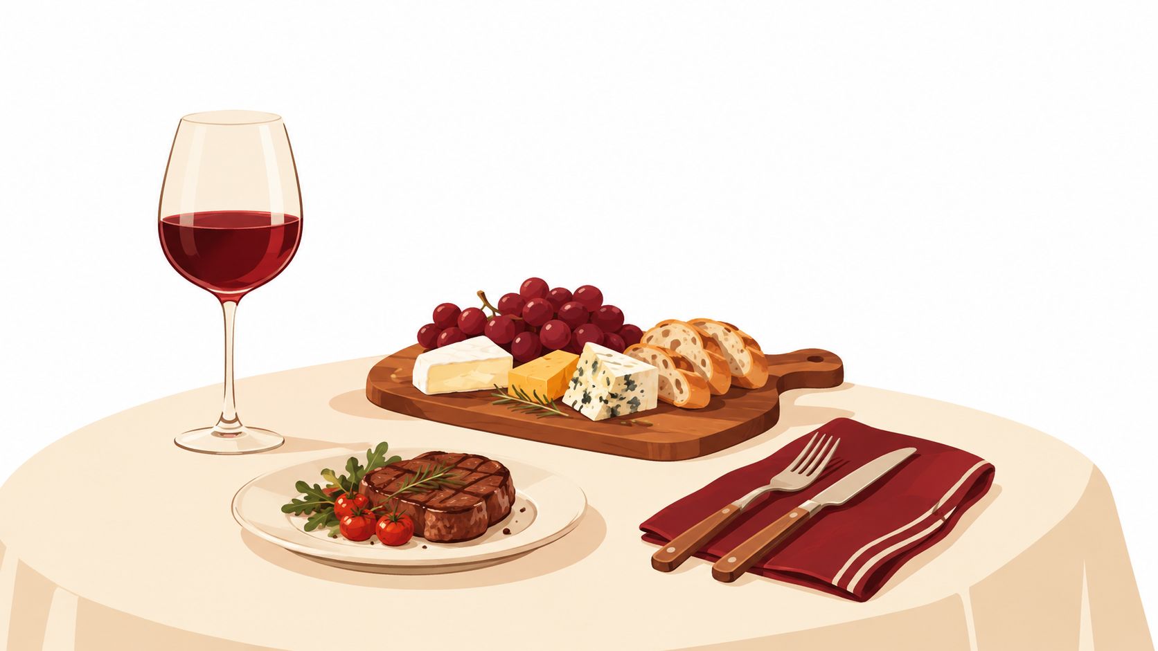 A sophisticated dining setting featuring a steak meal, a variety of gourmet cheeses, and red wine.