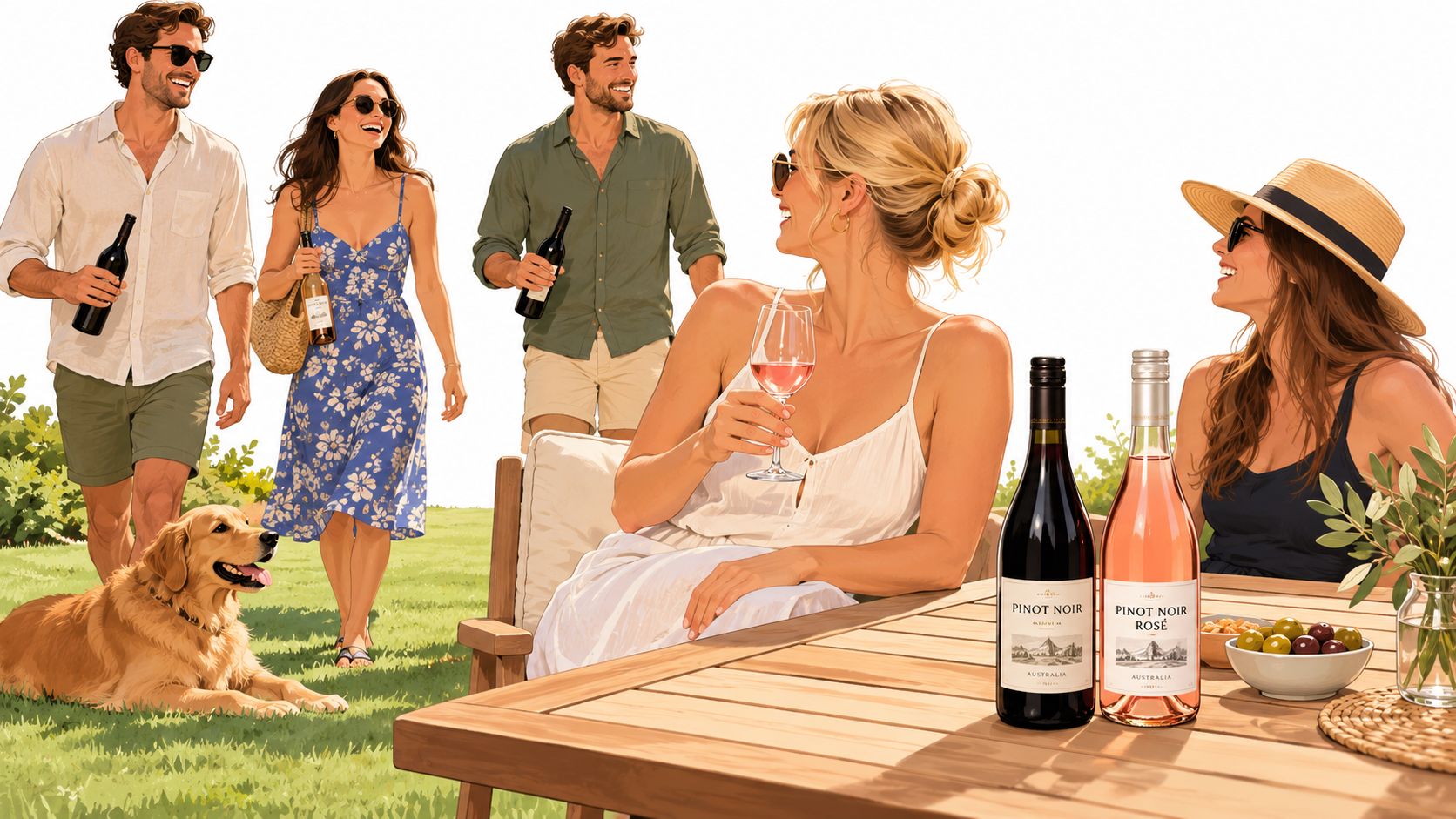 A group of friends enjoying wine and olives outdoors on a sunny day with a golden retriever.