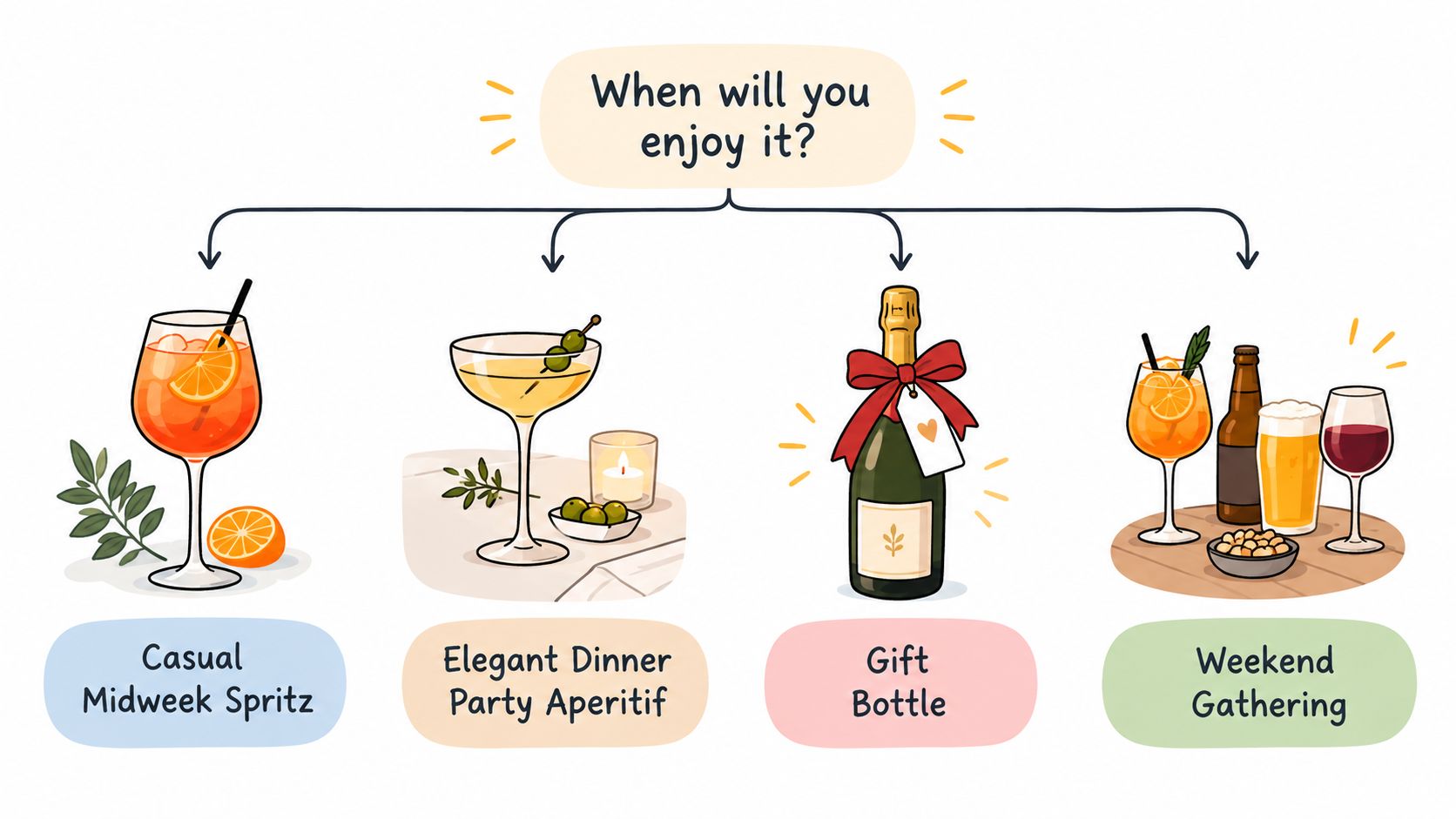An infographic titled When will you enjoy it, showing four drink options for different social occasions.