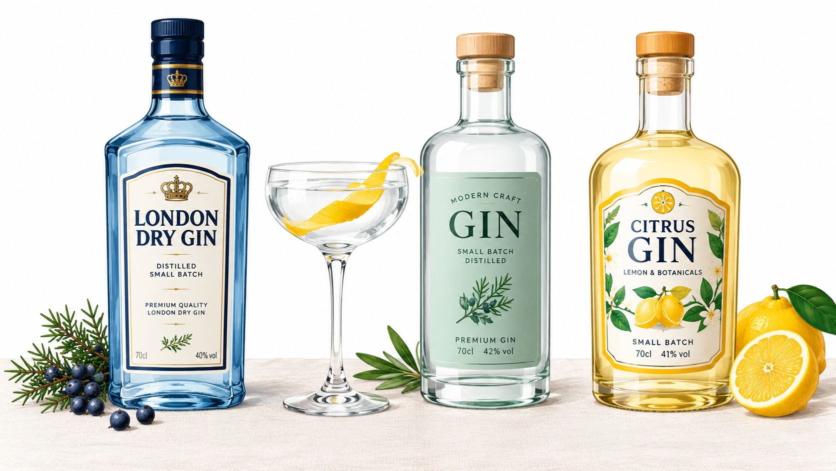 Three different bottles of gin and a cocktail glass arranged on a beige surface with fruit.