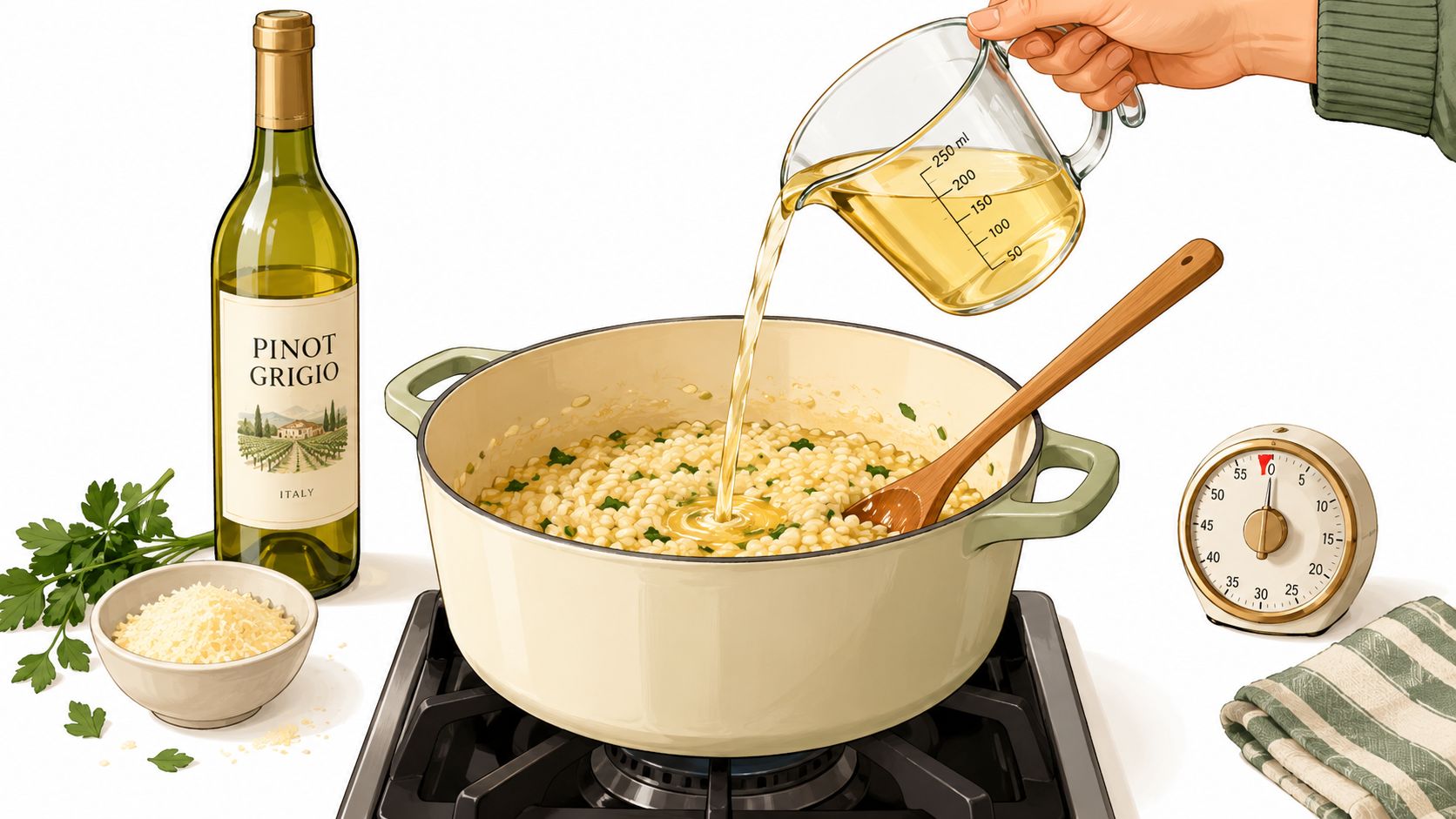 A hand pours Pinot Grigio wine from a measuring cup into a risotto pot on the stove.