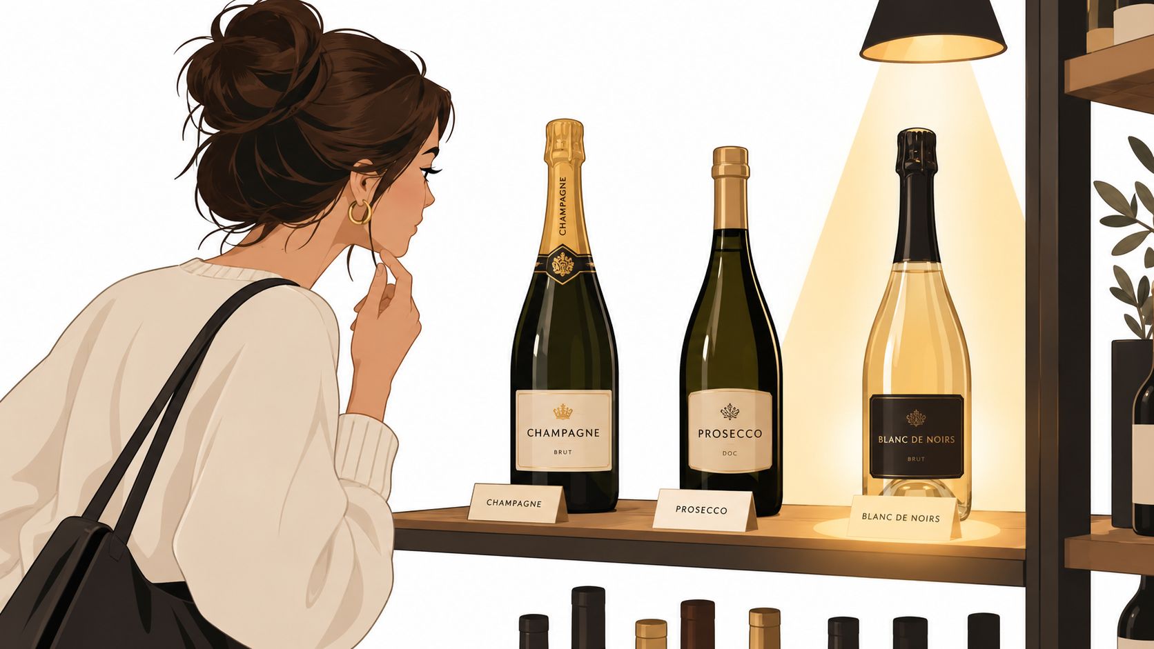 A woman contemplating a selection of sparkling wines, including Champagne, Prosecco, and Blanc de Noirs, on display.