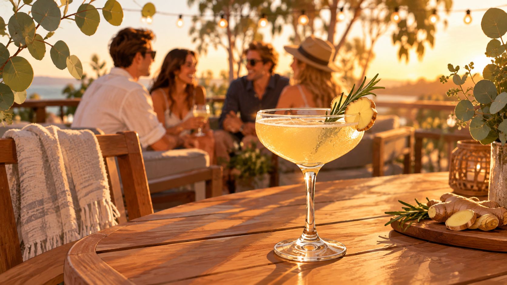 A refreshing gin and ginger liqueur cocktail served in a coupe glass on a sunny outdoor patio.