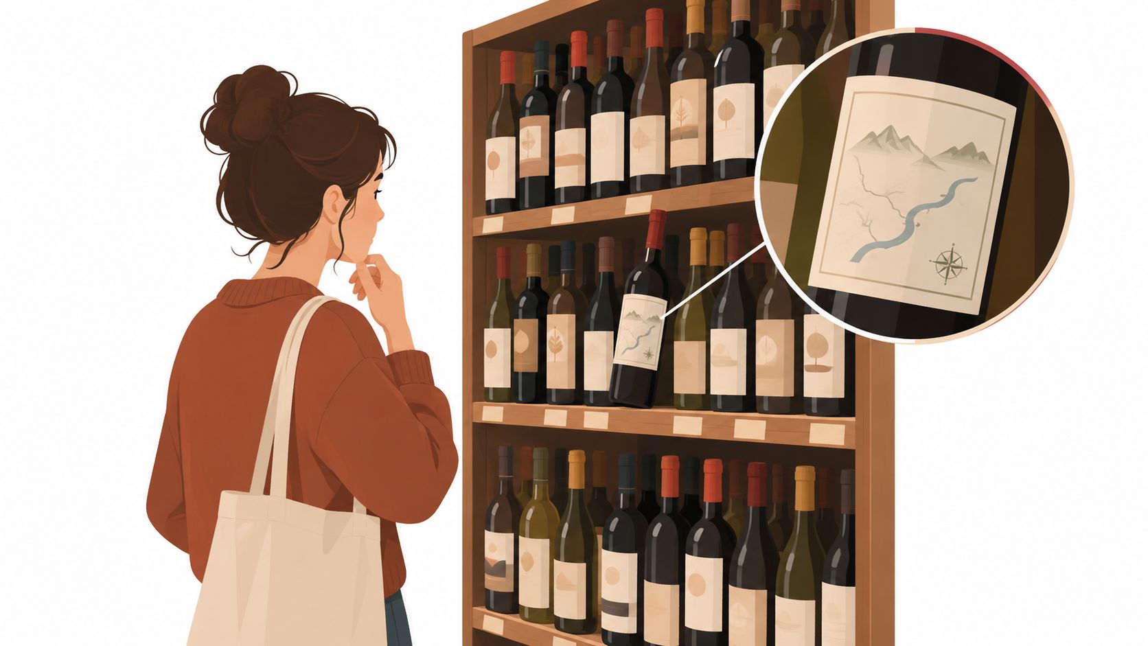 A young woman wearing a brown sweater examines bottles on a wooden shelf in a wine store.