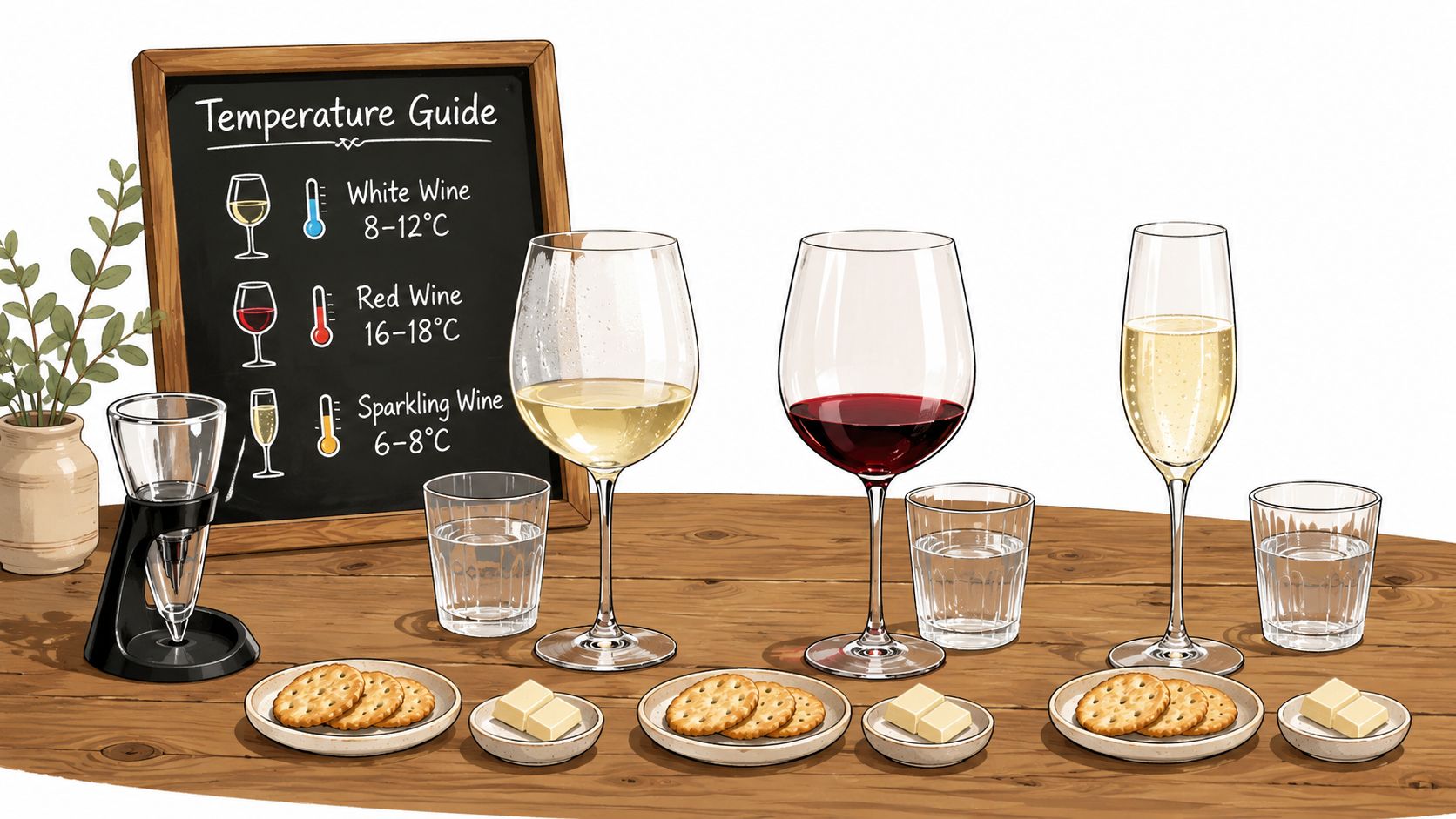 A wine tasting guide on a chalkboard next to glasses of white, red, and sparkling wine on a table.